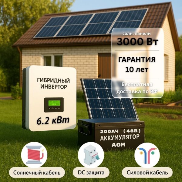 Солнечная электростания для дачи 6.2квт-3000Вт-200Ач-48В